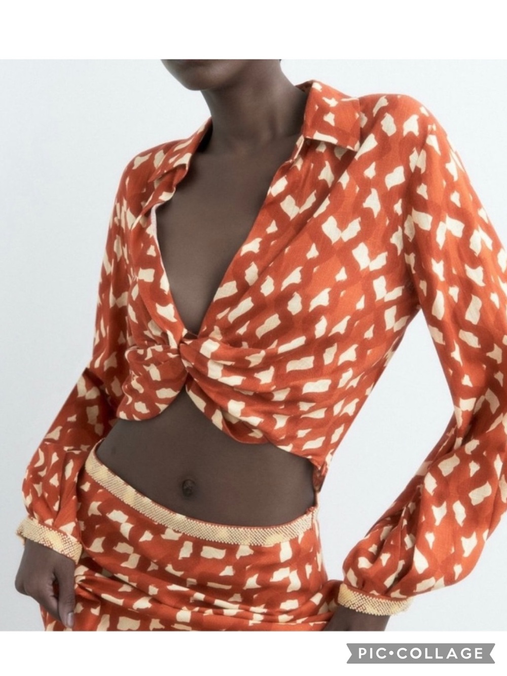 Zara Cropped Long Sleeve Rust Top Beaded Cuff Tie Gront NWT XS